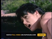 Fit hunk eats brunette's cunt before she rides him by the pool