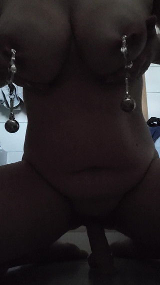Dildo riding training with weights on my nipples – to please my Master
