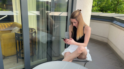 Hot Cute Pretty Face College Girl Goes No Panties with a Mini Skirt to Show Her Tight Meaty Pussy and Naked Ass on the Balcony