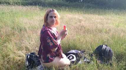 Horny femboy playing outside