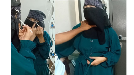 Muslim girl with beautiful eyes, was fucked in front of mirror