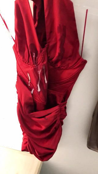 DOUBLE CUM onto Sexy Red Satin Dress in Changing Room