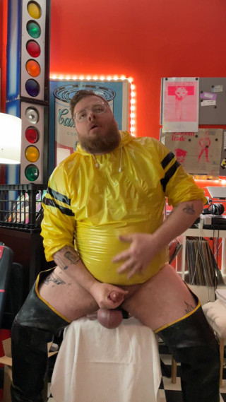 Chubby rubber bear slams his saline inflated big balls, rubs his chunky belly and fucks himself