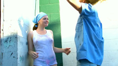 Ass Licking in the Car Garage - Blonde Mechanic Bends the Redhead Over the Hood