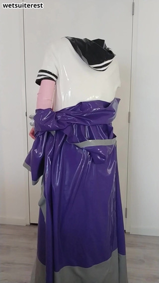 Undressing latex layers, rubber robe coat, schoolgirl sailor uniform, long skirt, stockings, transparent panties thumbnail