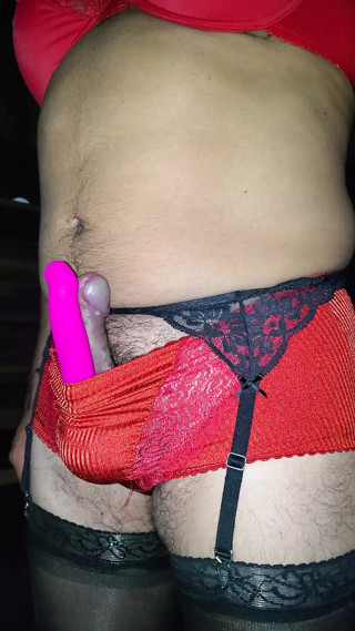 Super Shinny Red Nylon Control Panties, Nice Cumshot thumbnail