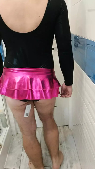 Tranny in sexy dancing leotard and shiny skirt thumbnail