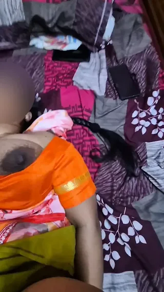 Desi Indian Aunty Sreejaa in orange blouse and saree juicy tits squeezed and sucked rough hardcore fucking