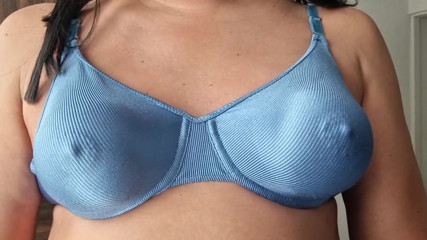Caressing My Hard and Firm Tits Under My Silky Shiny Blue Nylon Bra, Vintage Bra 90s Lingerie