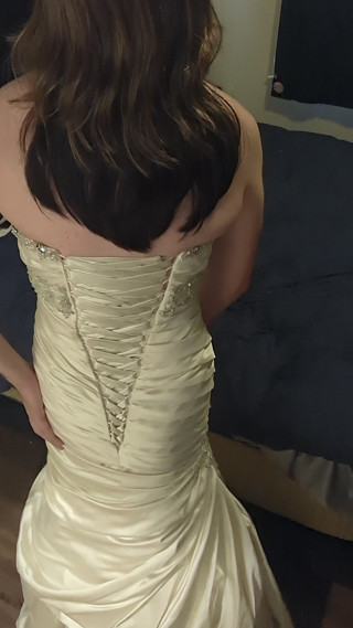 Trying on my very first mermaid style satin wedding gown