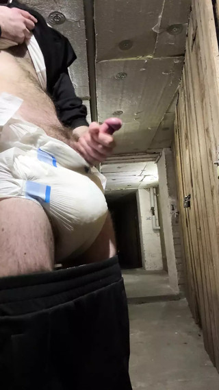 Diaper boy with thick diaper masturbates in public