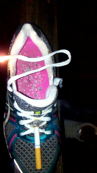Smoking and burning friends wife's sneakers