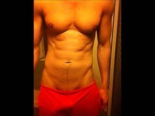 freeballing bulge in red mesh gym shorts