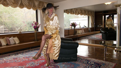 Chantal Fouet As A Golden Lady In A Pleated Satin Gown thumbnail