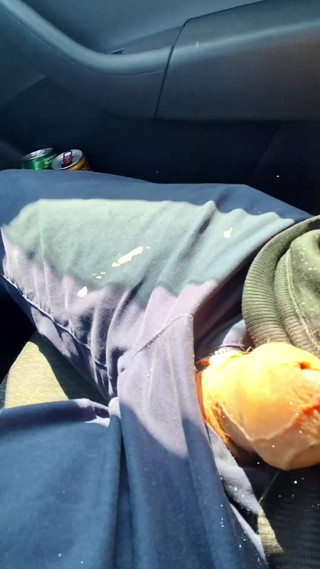 Almost caught! He jerks off in traffic in front of me, I love watching. Big cumshot! Part 1