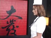 Asian nurse sucks a thick dong and fucks it in bed