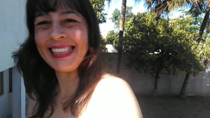 Exhibitionist wife naked at the top of the front stairs