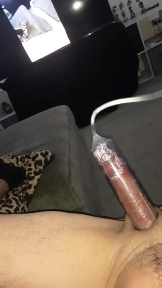 Pumping my big uncut cock on kik watching myself on big tv