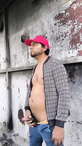 Outdoor cum man big thick penis comes squirting in open field