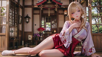 Purple Kimono Fantasy! Blonde Goddess in the Japanese Corridor, lazy gazes, hand on hips, sunlight drenching her skin.