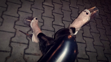 Latex Sissy in 20cm Platform Stilettos - Public Park Whore