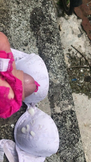 Pink panties and white bra cum
