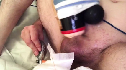 Needle stimulation with male sex toy and belly inflation