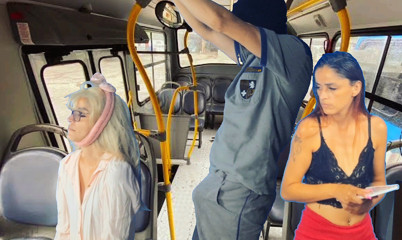 Worker takes stick out and thighs women on public transport!