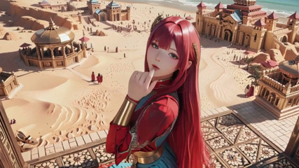 Red Queen in the Desert! Lazy Afternoon in the Golden Palace, Backless Dress slightly damp.
