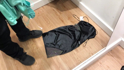 Christmas Shopping ends in Quickie Threesome with 2 Satin Mini Dresses and Mini Skirt inside Clothing Store Dressing Roo