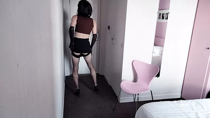 In A Skirt, Fishnet Stockings, Garter Belt And High Heels, Lenaelle Undresses And Jerks Off