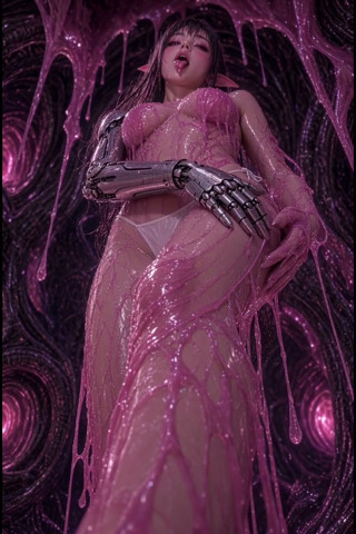 3d anime elf masturbates in pink slime, half cyborg arm