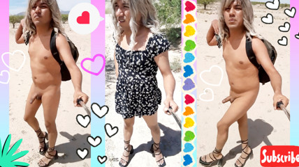Cute trans slut in miniskirt and heels walks naked in public very hot