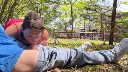 Trans Woman Deepthroats Cock in Public thumbnail