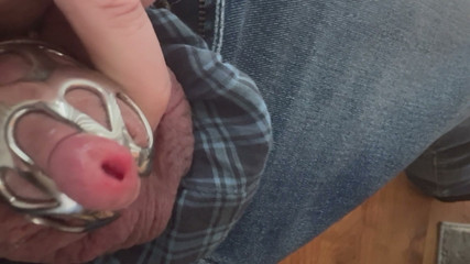 Showing Mommy my leaking cock bursting through my cage