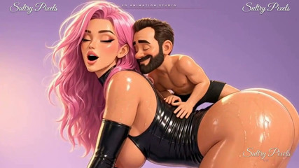 Pink-haired Anime Giantess on All Fours Gets a Cheek Kiss From Her Tiny Man