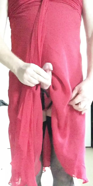 Sarah cd spurts cum in pretty red dress