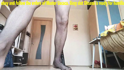 Sissy slave Oksana shows her master sissygasms from anal training on a big black dildo thumbnail