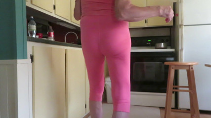 Male slut bitch in skin-tight leggings.