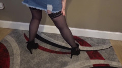 Stripping in Denim Miniskirt Holdups and Heels