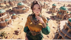 Green Gold Queen Coronation! Lazy Side-lying in the Desert Palace, Fingers Teasing Hair and Veil, Sun-kissed Skin Glistening.