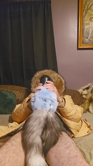 In my big furry hood using penis pump wrapped in furs and tails