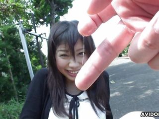 Japanese brunette Karin Asahi lets a stranger fingerfuck her hairy pussy  on the street uncensored.