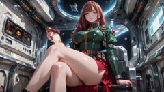 Inside the Sci-fi Train, She Wears a Tight Green Armor, Touching Her Red Lips While Gazing at the Galaxy Through the Porthole.
