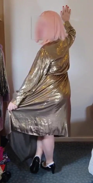 Hot Crossdresser in Sexy Gold Metallic Dress thumbnail