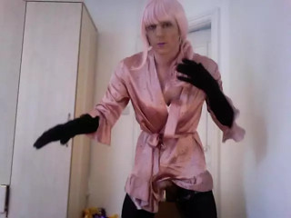 jess silk riding dildo in pink polka dot robe and pink satin nightie with pink wig