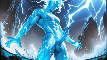 Lightning Elemental Solo Boy Jerking Erect Dick with Electric Glow