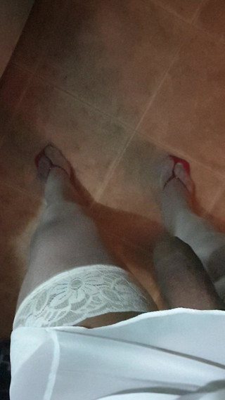 My beautiful red mules.  stockings and white babydoll