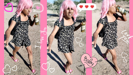 Beautiful little ladyboy barbie in mini dress and heels walking in hot public