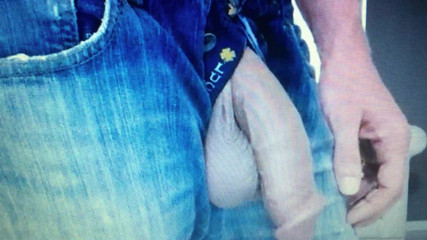 Straight guy in jeans shows off his huge flaccid cock &amp;balls